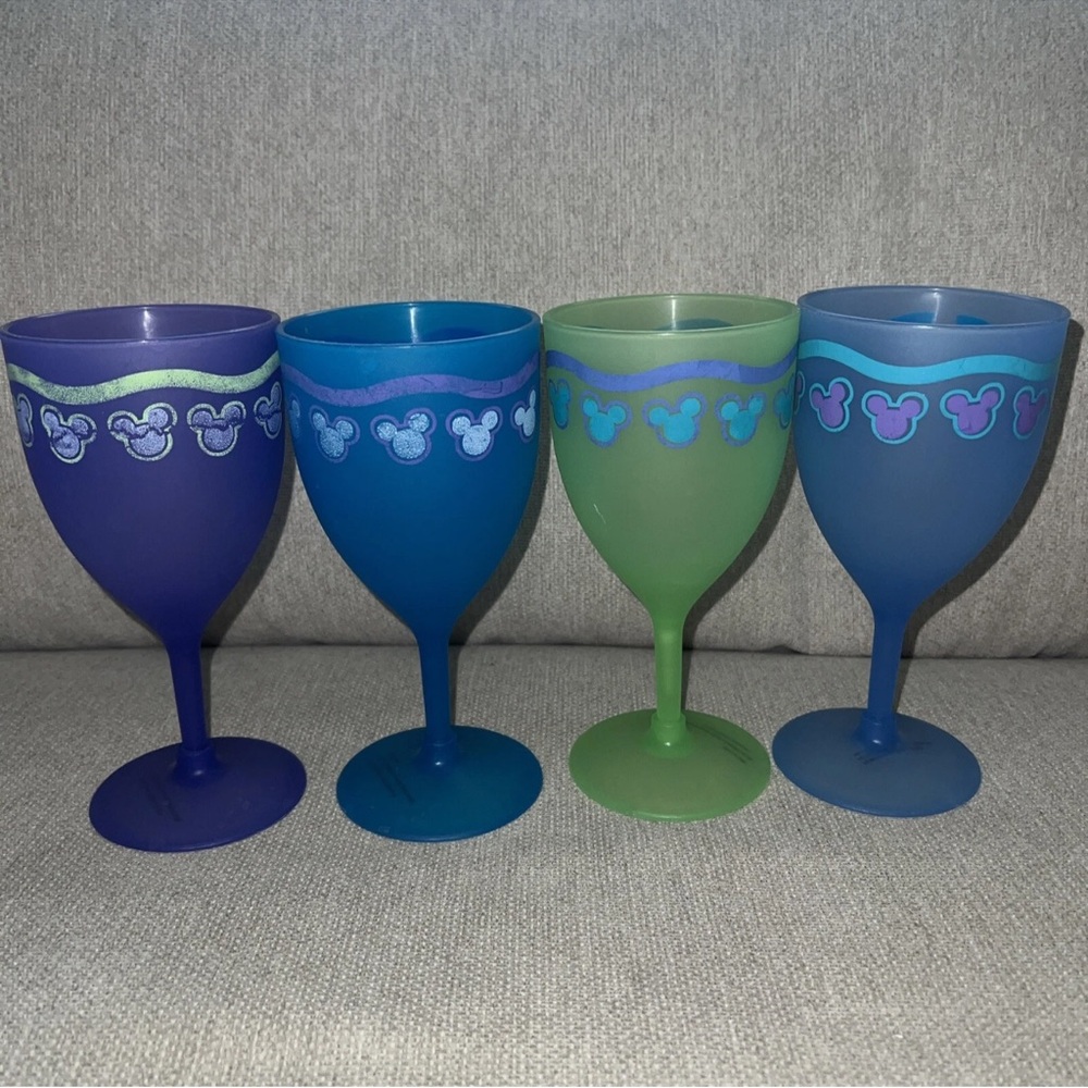 Disney Mickey Mouse Multi Color  Plastic Wine/Water Goblet Set Of 4 7” Tall